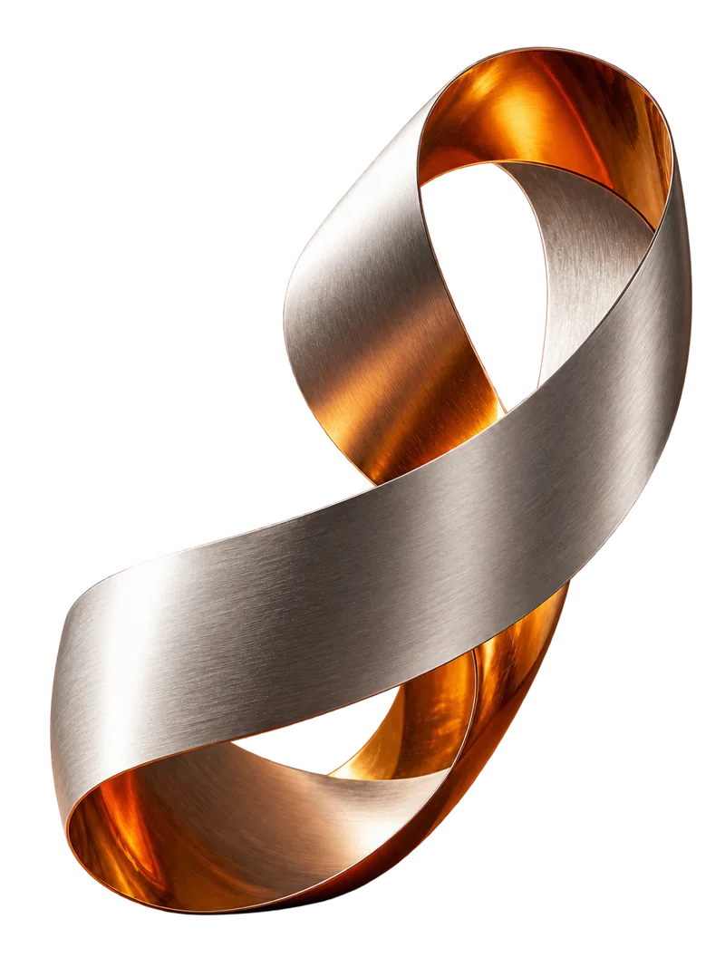 Sculptural Beyond Busy symbol in polished silver and copper